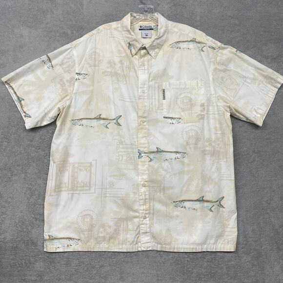 Columbia Shirt Mens 2XL Beige Blue Fish Camp Button Up Short Sleeve Vented - Picture 1 of 11